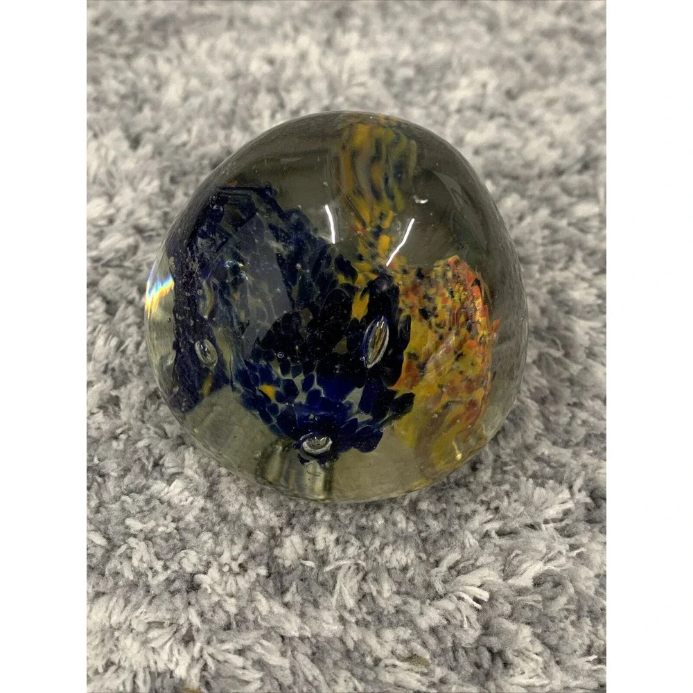 4 Hand Blown Art Glass Paperweight Bubble Sphere Yellow‎ Orange Blue Red